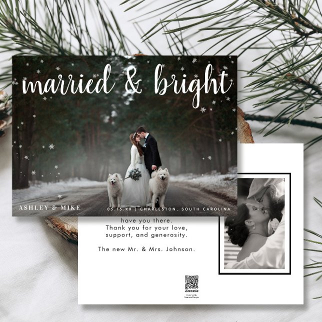Gift och Bright Snö 2 Photo Bröllop Tack Julkort (Married & Bright! Share Our Christmas Wedding Joy 🎄💒 Easily personalized with photos & deets)