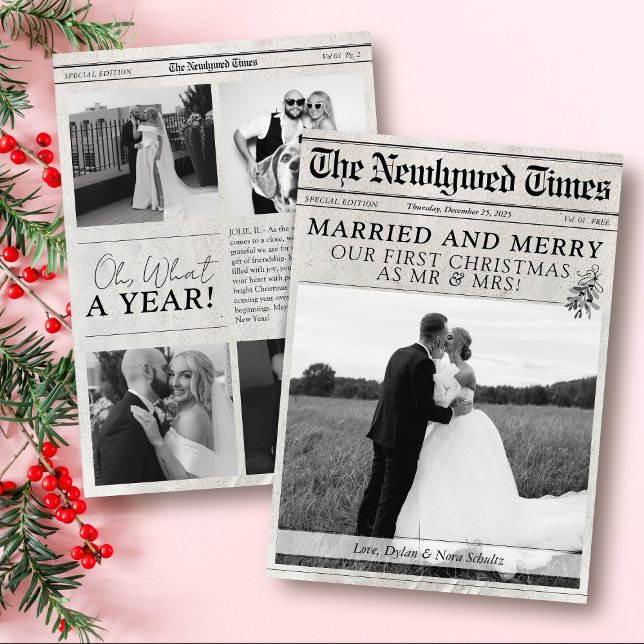 Gift och Glad Modern Tidningsfoto Jul Julkort (Married and Merry first Christmas Mr & Mrs modern newspaper photo what a year elegant holiday card)