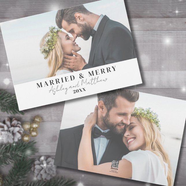 Gift Och Glad Nygift Jul Foto Julkort (Married And Merry Newlywed Just Married Holiday Card)