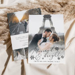 Gift och ljus | Foto och Tack från Bröllop Julkort<br><div class="desc">Elegant-helgdag-fotokort för nyfödda har ett favoritfoto från lodrät eller porträtt-orienterat bröllop med "gift & klartecken" överlagrad i ett svart calligrafskript som läggs till med snöflingor. Anpassa med namn eller anpassningsbar hälsning under. Perfekt som ett kombinationskort för julen och tack vare ditt kort vid din första gifta jul kan du lägga...</div>