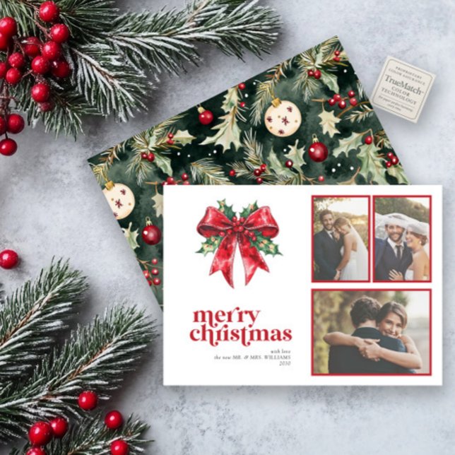 Gift och ljus Red Bow Holly Nylyed 3 Photo Julkort (Skapare uppladdad)