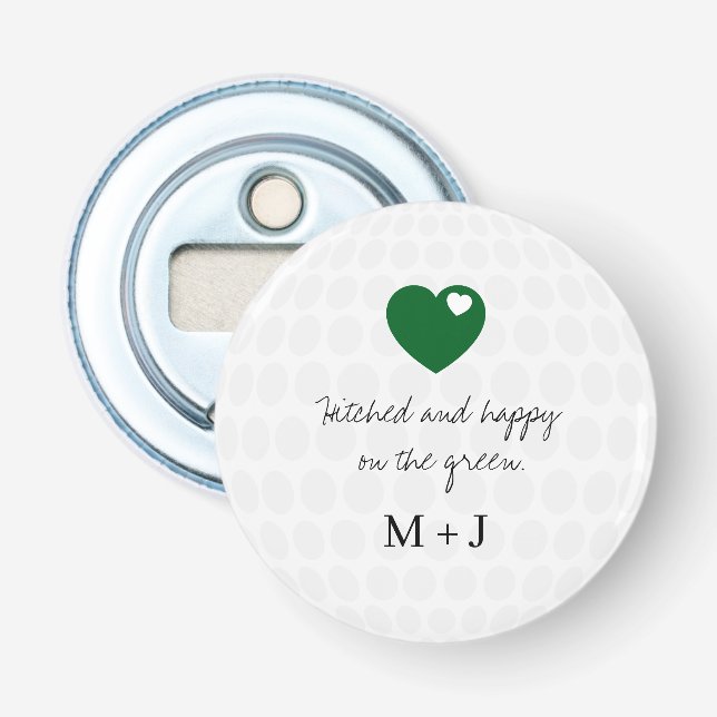 Gift och lycklig på det gröna Golfbröllop Flasköppnare (Framsidan)
