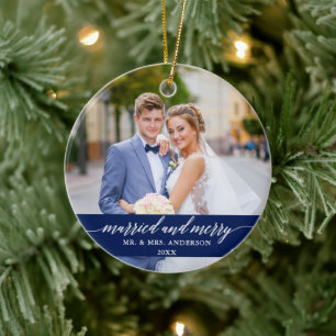 Gift och Merry Bröllop Calligraphy Blue Julgransprydnad Keramik