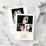 Gift och Merry Bröllop Photo Collage Guld<br><div class="desc">Det moderna fotosamlingskortet "Married and Merry" för nylweds innehåller 3 favoritfoton från bröllopsdagen på framsidan med guld-folie och svart anpassningsbar som kan vara personlig med datum för namn och bröllop. Ett litet folie av guld accentuerar utformningen. Kortets baksida innehåller ytterligare ett foto med ett meddelande som kan vara personlig från...</div>