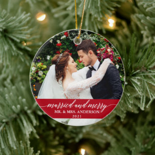 Gift och Merry Calligraphy Bröllop Red Julgransprydnad Keramik