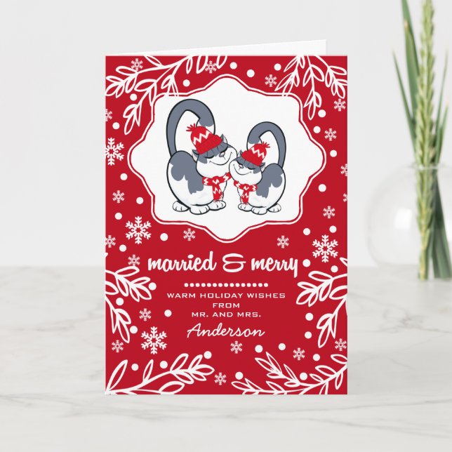 Gift och Merry. Funny Kittens julkort Helgkort (Framsida)