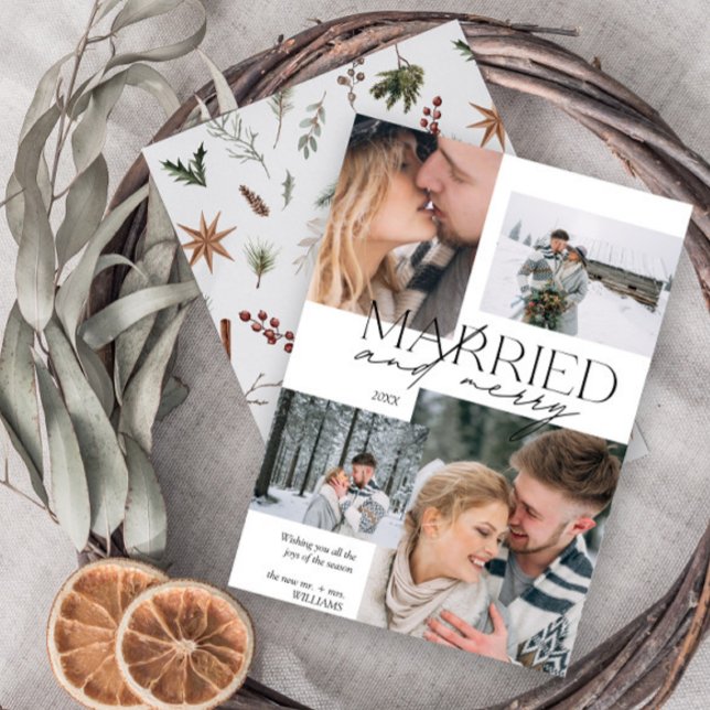 Gift och Merry Modern 4 Photo Newlyed Julkort (Easily personalize this newlywed photo holiday card with four of your favorite image and deets)