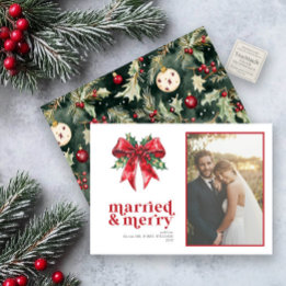 Gift och Merry Red Bow Holly Newlyed Photo Julkort