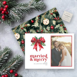Gift och Merry Red Bow Holly Newlyed Photo Julkort