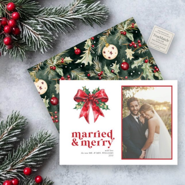 Gift och Merry Red Bow Holly Newlyed Photo Julkort (Skapare uppladdad)