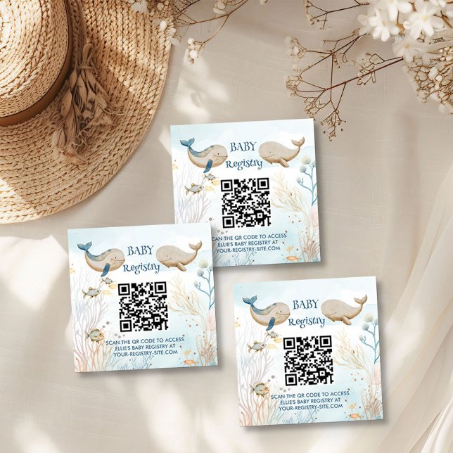 Gift-registerns QR-kod Blue Beige Whale Baby Showe Tilläggskort (Baby Registry qr code enclosure cards  from the Whale Baby Shower Collection by Darling & May)