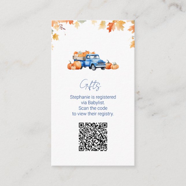 Gift-registret QR-kod Blue Lastbil Little Pumpkin Tilläggskort (Framsida)