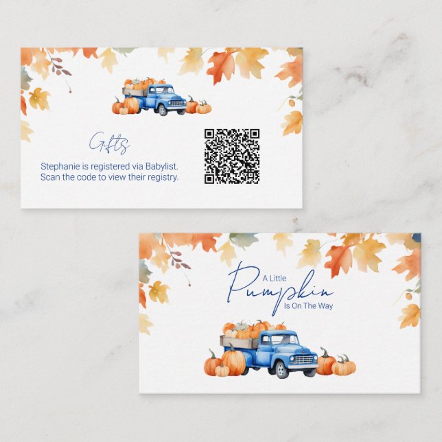 Gift-registret QR-kod Blue Lastbil Little Pumpkin Tilläggskort (Fram/baksida)