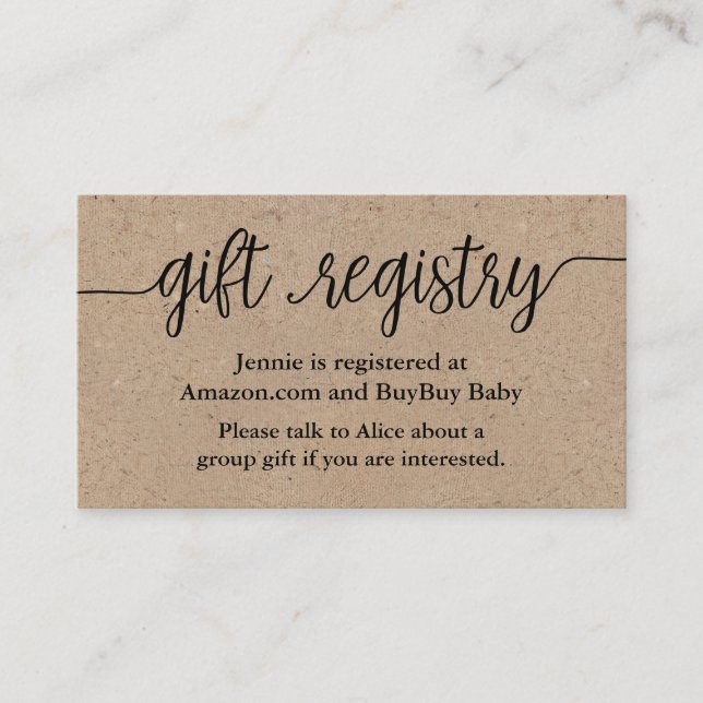 Gift Registry Card, Rustic Kraft Baby Shower Tilläggskort (Framsida)