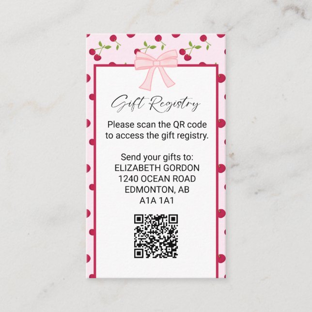 Gift Registry Cherry Baby Shower QR Code Tilläggskort (Framsida)