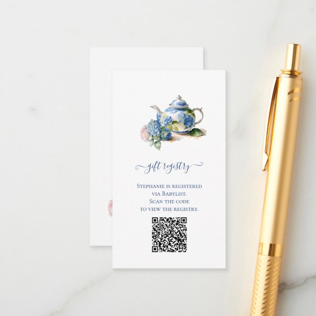 Gift Registry QR-kod Blue Hydrangea Baby Shower Tilläggskort (Fram/Back In Situ)