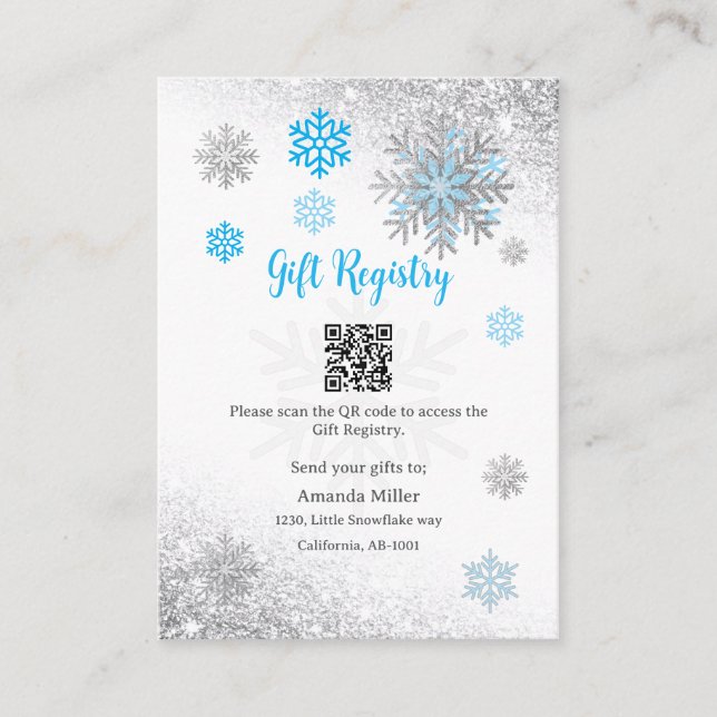 Gift Registry Snowflake Winter Baby Shower QR Code Tilläggskort (Framsida)