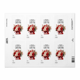 Gift Sticker Röd ros + Poinsettias jul Fraktsedel