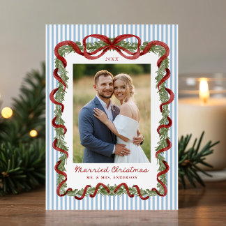 Gift Vigsel Jul Röd Båge Grönska Nygift Foto Julkort