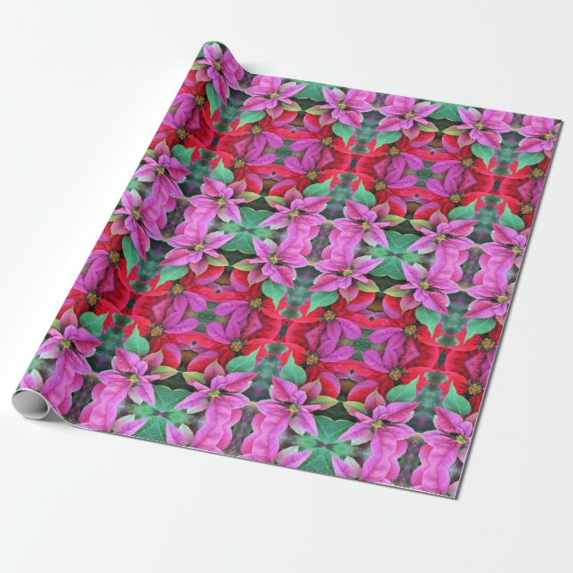 Gift Wrap Rosa & Red Poinsettias Presentpapper (Utrullad)