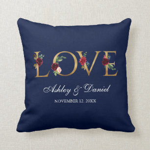 Gifta sig för vattenfärgblåttBurgundy blom- guld- Kudde