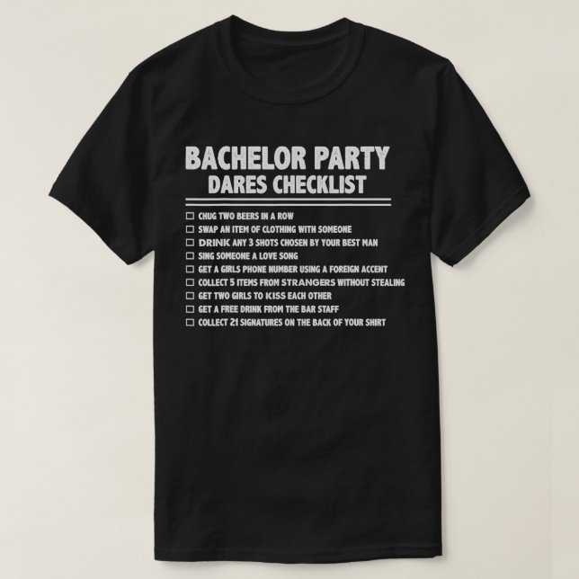 Gifta sig Groom Funny Bachelor Checklist-sida T Shirt (Design framsida)