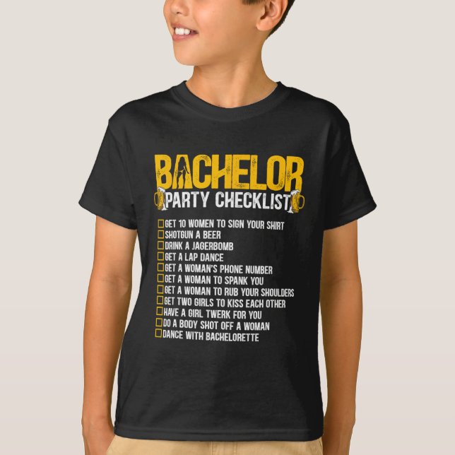 Giftas Brudgum Roligt Bachelorfest Checklista T Shirt (Framsida)