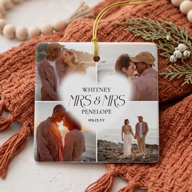 Giftcollage för gifta fru & fru Heart Julgransprydnad Keramik (First Married Mrs & Mrs Photo Collage Keepsake Ceramic Ornament)