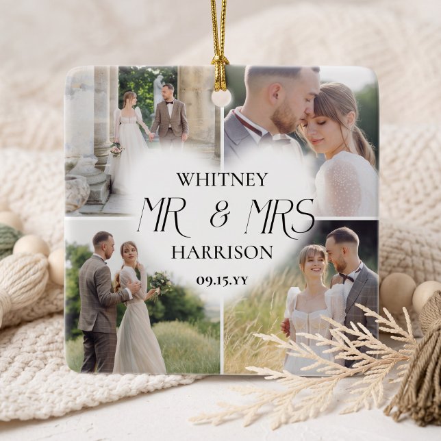 Giftcollage för gifta herrar och fruar julgransprydnad keramik (First Married Mr & Mrs Photo Collage Keepsake Ceramic Ornament)