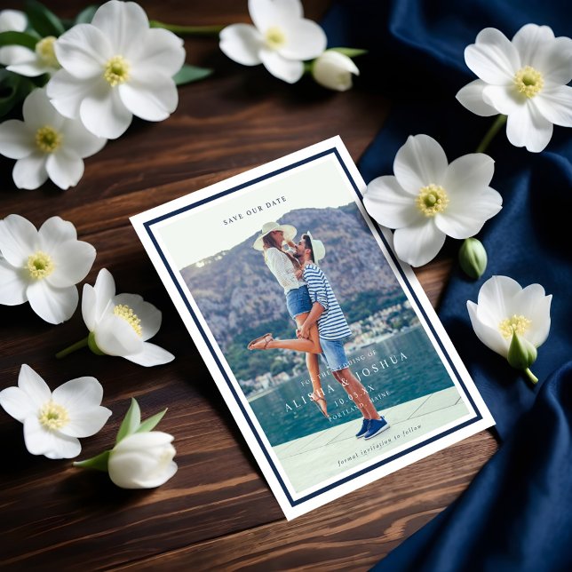 Gifter sig Rope Heart Nautical Navy & White Meddelande Vykort (Tying The Knot Rope Heart Nautical Navy & White Announcement Postcard)