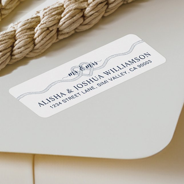Gifter sig Rope Heart Navy Mr & Mrs Nautical Returadress Etikett (Tying The Knot Rope Heart Navy Mr & Mrs Nautical Label)