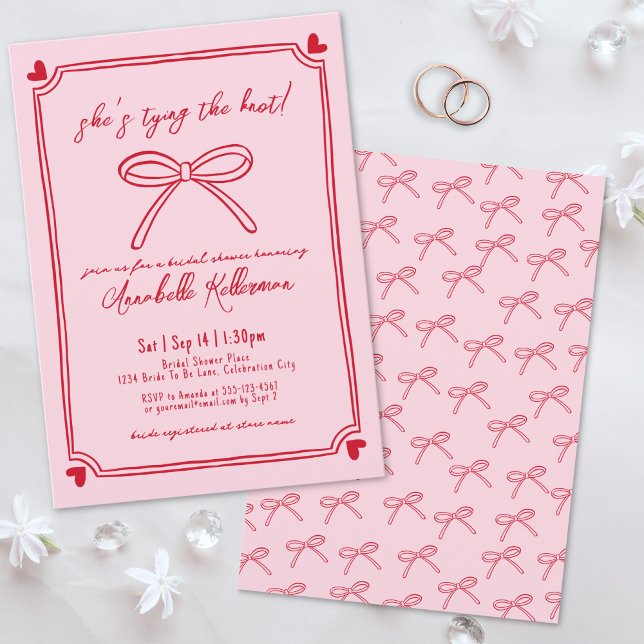 Gifter sig Rosa Hand plockade Bow Möhippa Inbjudningar (Tying The Knot Pink Hand Drawn Bow Bridal Shower Invitation )