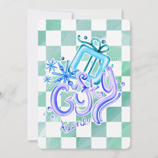 Gifty Time Blue Purple Checkerboard Christmas Julkort (Framsida)