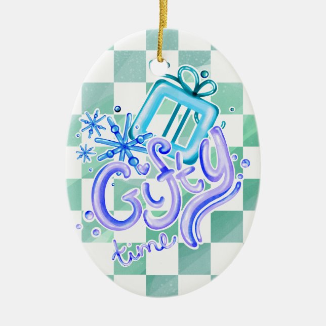 Gifty Time Blue Purple Checkerboard Oval  Julgransprydnad Keramik (Framsidan)