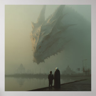 Gigantisk vit drake över dimmig stadsbrygga poster