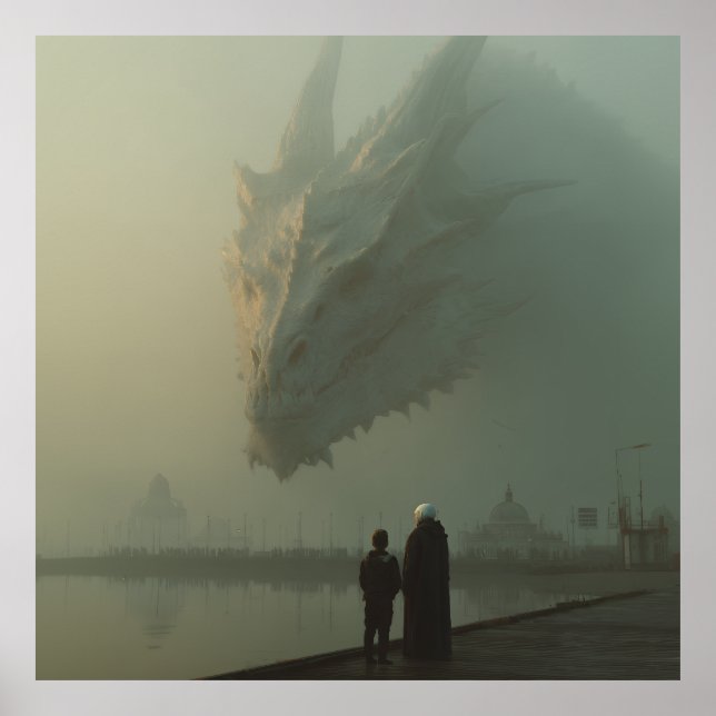 Gigantisk vit drake över dimmig stadsbrygga poster (Framsidan)