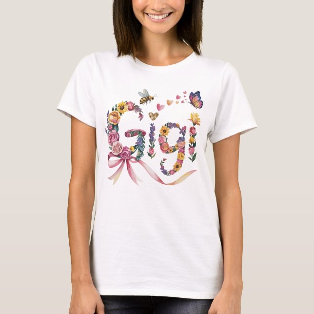 Gigi Mormor T-shirt – blomster namn tee med rosett (Framsida)