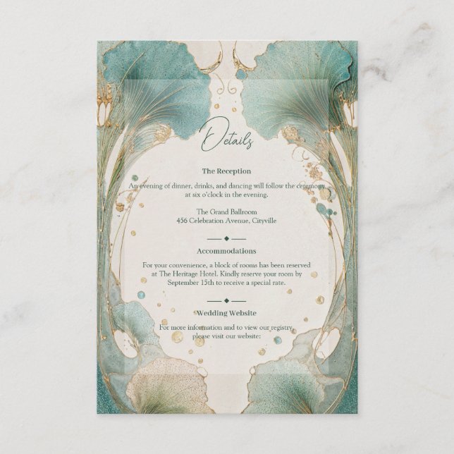 Gilded Age Art Nouveau Teal and Gold Wedding Tilläggskort (Framsida)