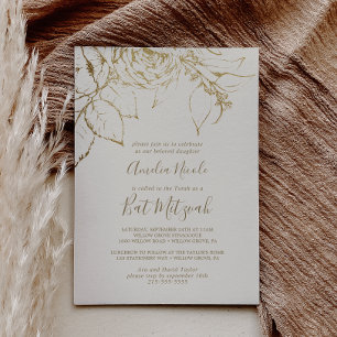 Gilded Blommigt Bat mitzvah Cream och Guld Inbjudningar