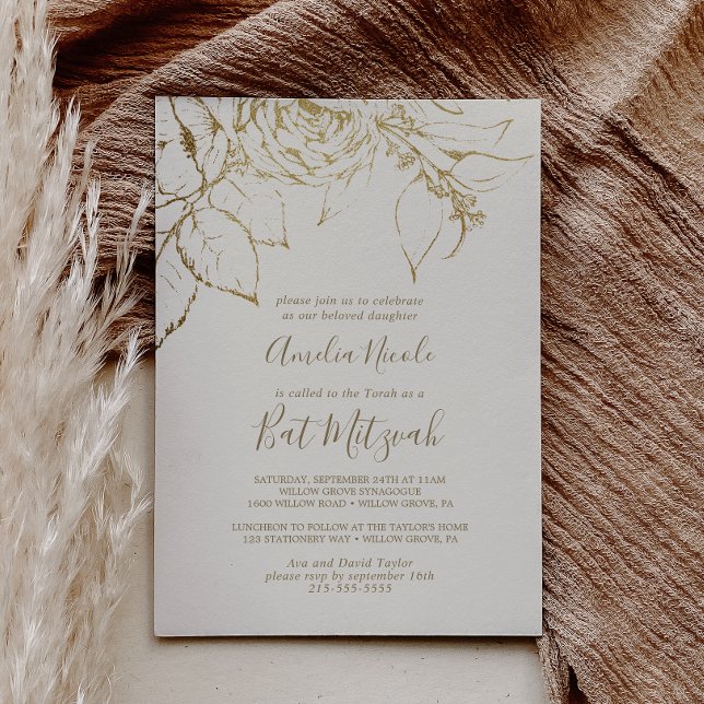 Gilded Blommigt | Bat mitzvah Cream och Guld Inbjudningar (Skapare uppladdad)