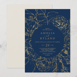 Gilded Blommigt Blått och Guld Avslappnad Bröllo Inbjudningar