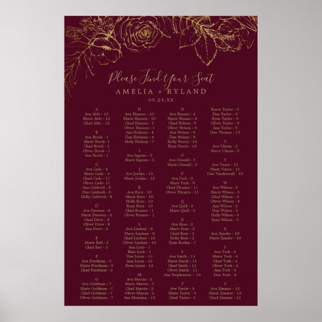 Gilded Blommigt Burgundy Alfabetical Seating Chart Poster (Framsidan)