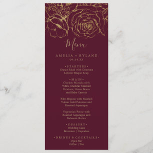 Gilded Blommigt Burgundy & Guld Bröllop Dinner Men Meny