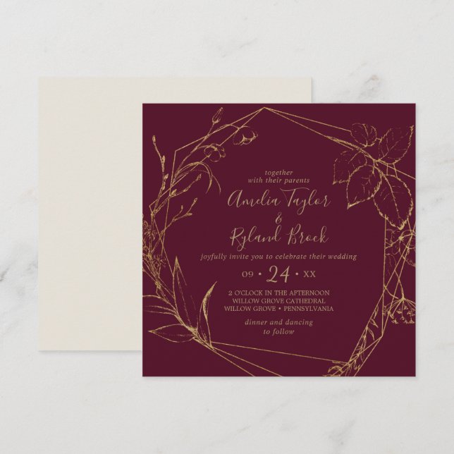 Gilded Blommigt | Burgundy & Guld Geometric Bröllo Inbjudningar (Fram/baksida)