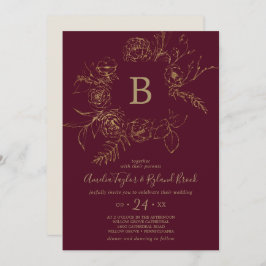 Gilded Blommigt | Burgundy & Guld Monogram Bröllop Inbjudningar