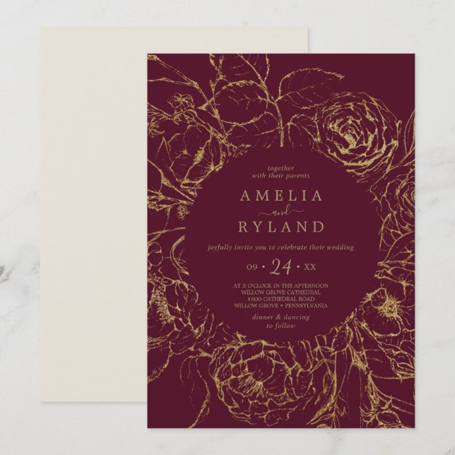 Gilded Blommigt | Burgundy och Guld Avslappnad Brö Inbjudningar (Fram/baksida)