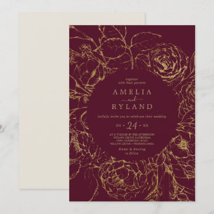 Gilded Blommigt Burgundy och Guld Avslappnad Brö Inbjudningar