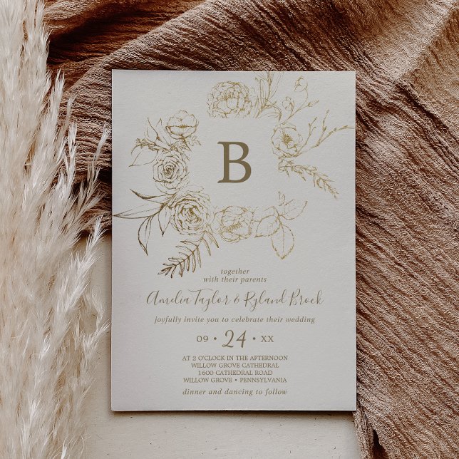 Gilded Blommigt | Cream och Guld Monogram Bröllop Inbjudningar (Skapare uppladdad)