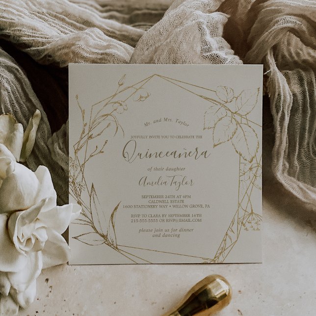 Gilded Blommigt | Cream och Guld Quinceañera Inbjudningar (Skapare uppladdad)