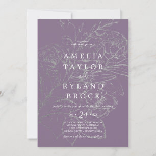 Gilded Blommigt Dusty Lila och Silve Faded Bröllop Inbjudningar